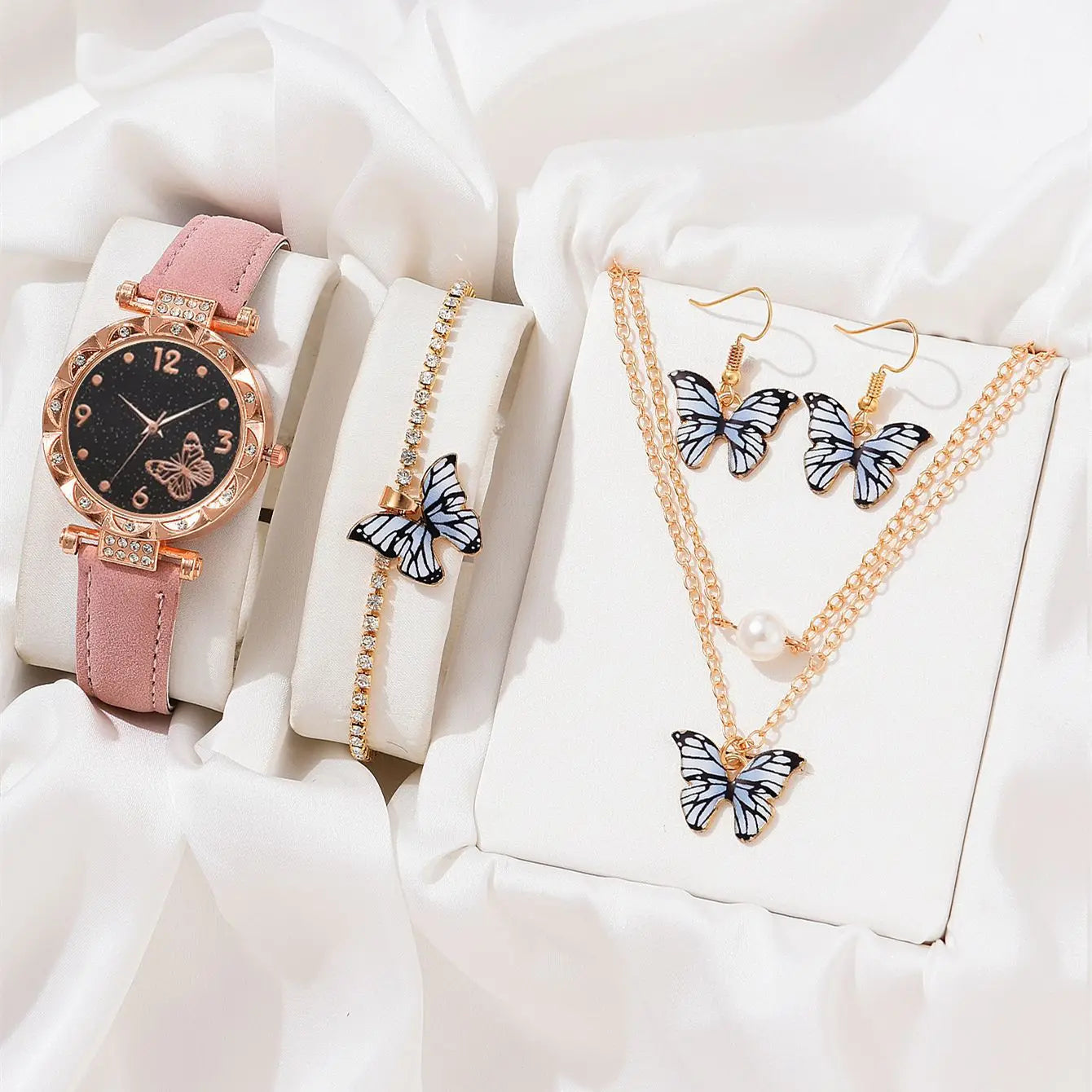 New Arrivals Fashion Women Watches Bracelet Earrings Necklaces  4pcs Set Quartz Watch PU Strap Watch butterfly Bracelet Set