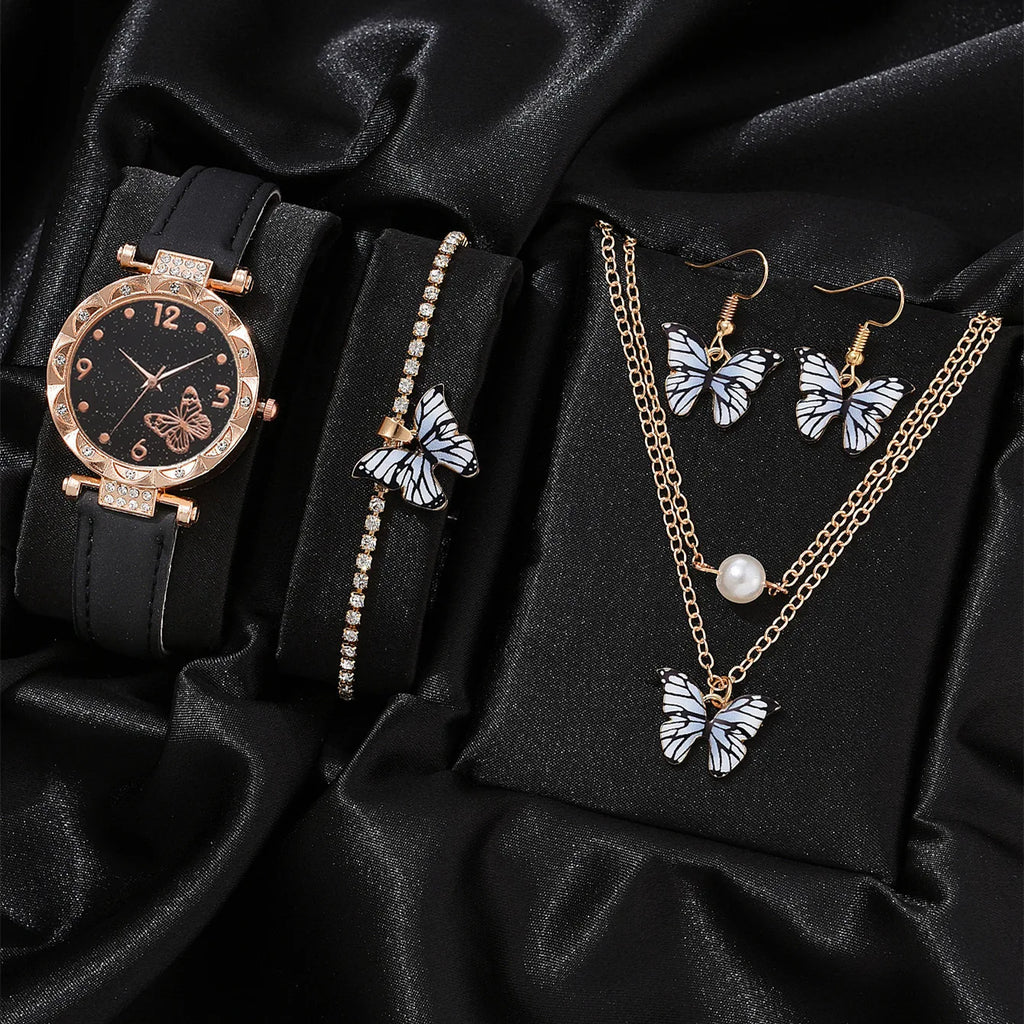 New Arrivals Fashion Women Watches Bracelet Earrings Necklaces  4pcs Set Quartz Watch PU Strap Watch butterfly Bracelet Set