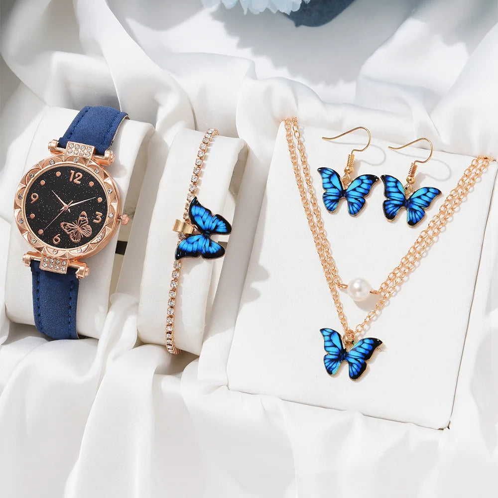 New Arrivals Fashion Women Watches Bracelet Earrings Necklaces  4pcs Set Quartz Watch PU Strap Watch butterfly Bracelet Set