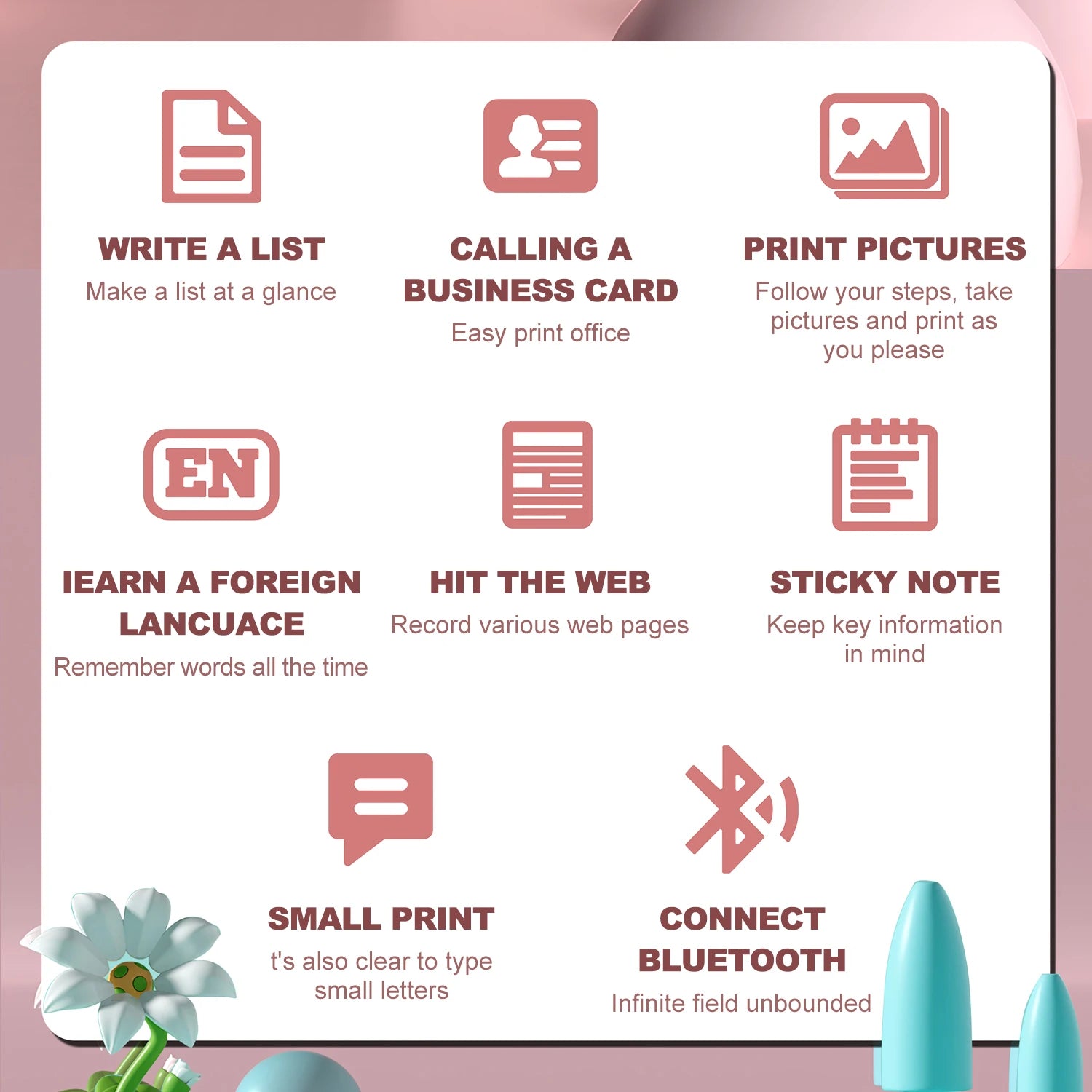 Portable Mini Thermal Printer Wireless Bluetooth Android iOS Mobile Photo Printers Student Error Title Note Pocket Printing